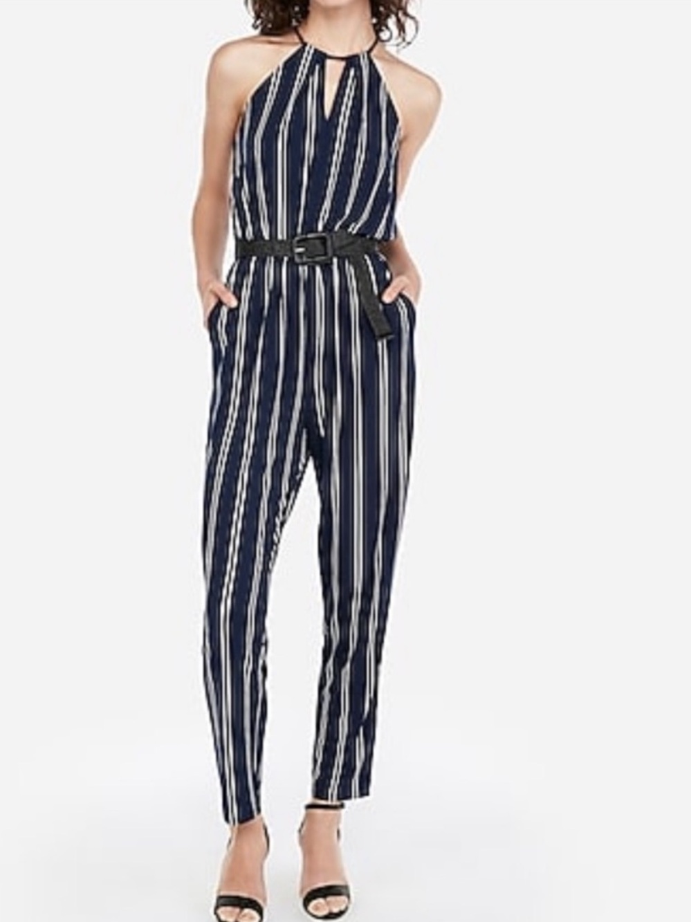 Express navy black white striped adjustable neckline jumpsuit